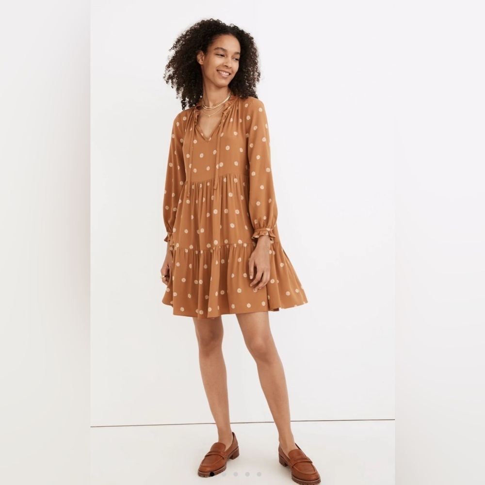 NWT Madewell Tie-Neck Tiered Mini Dress in‎ Bloom Dot, Size S